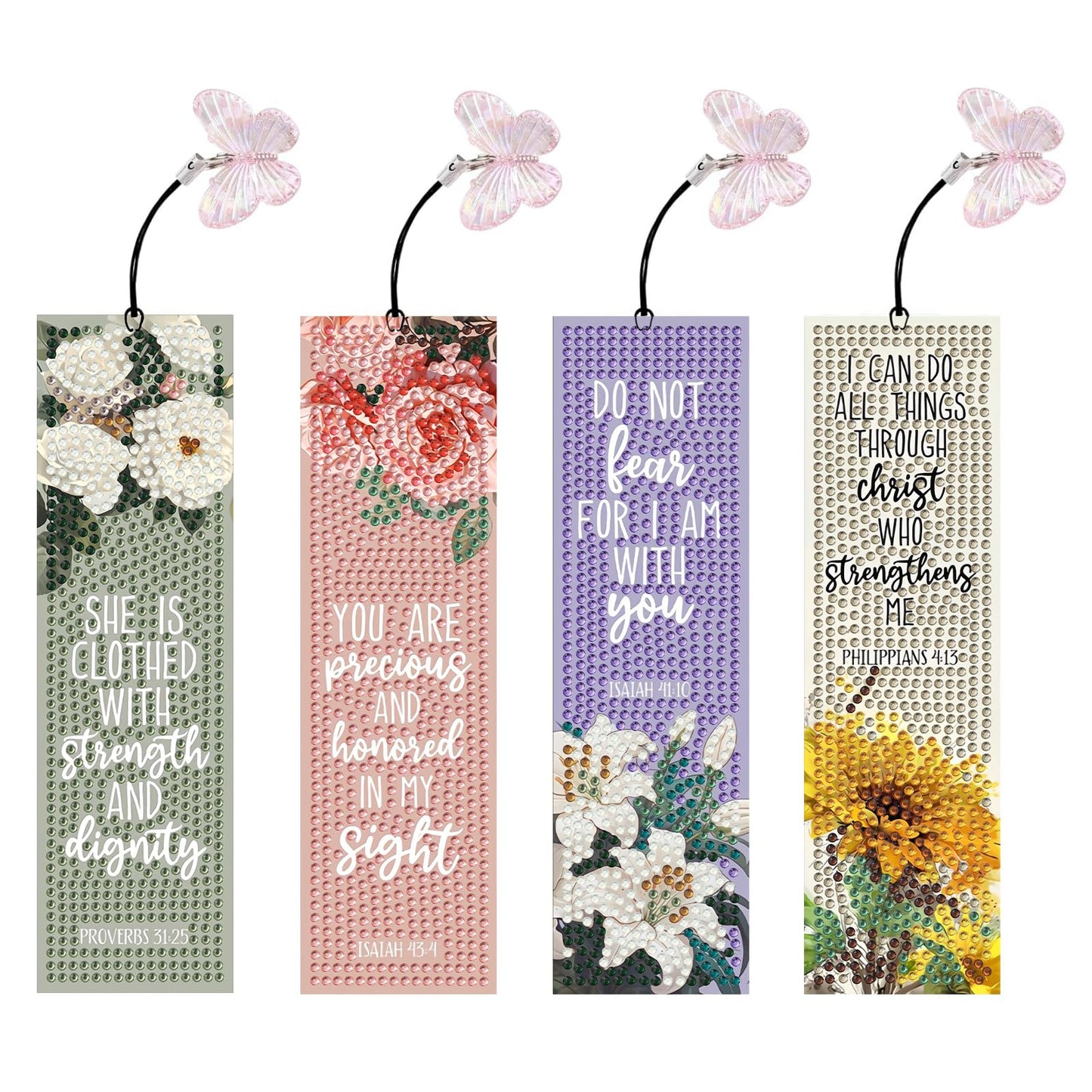4 PCS Bible Diamond Painting Bookmarks, Flowers Diamond Art Bookmarks for Adults with Pendant, 5d Gem Art, Acrylic Bookmark Easy DIY Crafts for Books Decor Gift