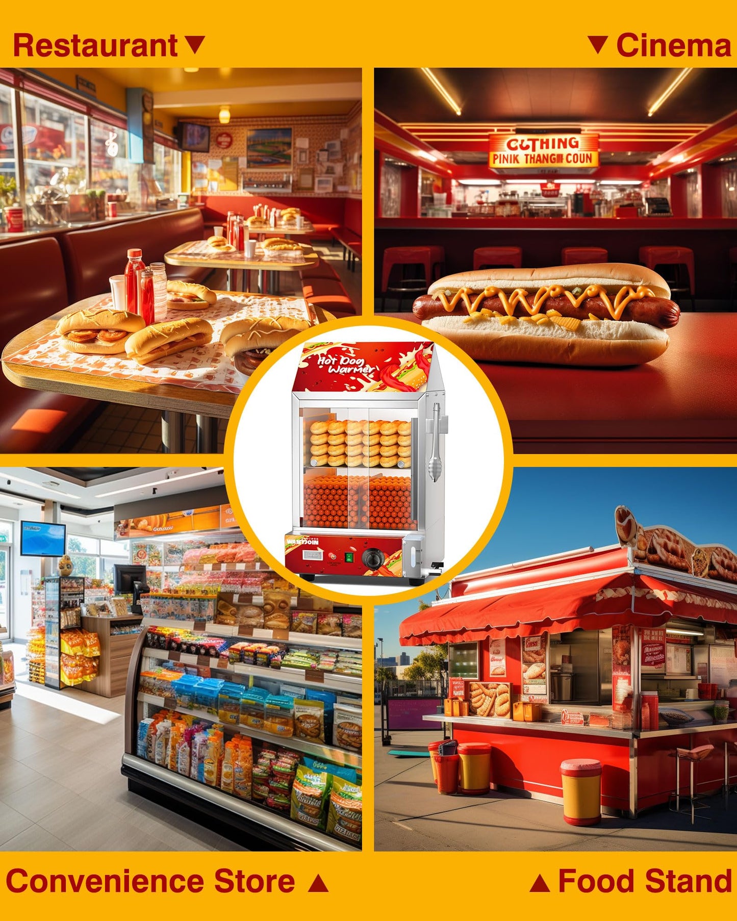 WantJoin Hot Dog Steamer - 28.8QT Commercial Electric Hot Dog Steamer with Bun Warmer, Glass Sliding Door Steaming Machine for 175 Hot Dogs and 40 Buns Adjustable Temperature Red