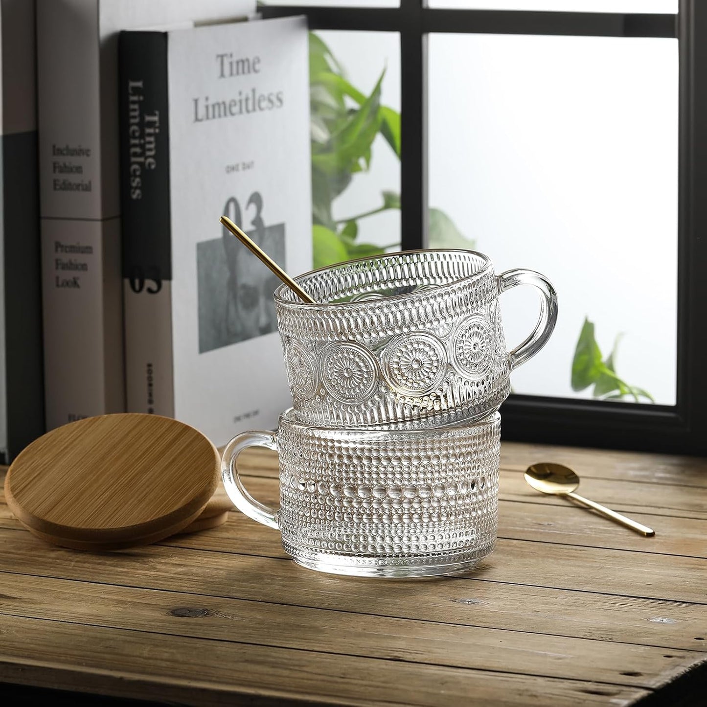 12pcs Set 14oz LANDNEOO Irish Coffee Glasses, Vintage Coffee Mugs, Overnight Oats Containers with Bamboo Lids