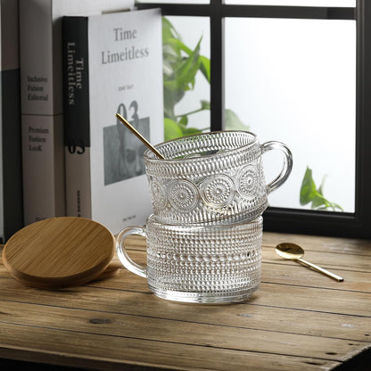 12pcs Set 14oz LANDNEOO Irish Coffee Glasses, Vintage Coffee Mugs, Overnight Oats Containers with Bamboo Lids