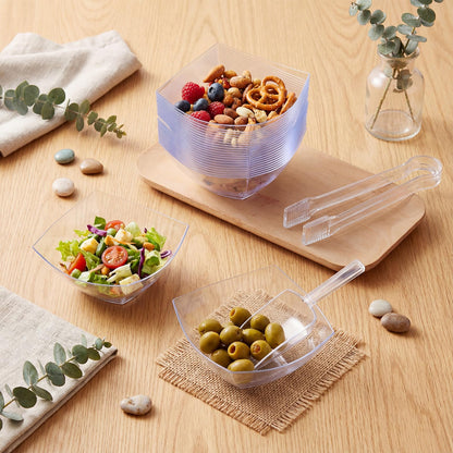 Vesici 48 Pcs 8 oz Clear Plastic Candy Bowls 24 Pcs with 12 Scoops and 12 Tongs Square Dessert Candy Bowl Buffet Containers Disposable Party Ice Cream Salad Dish for Serving Food Appetizers Supplies