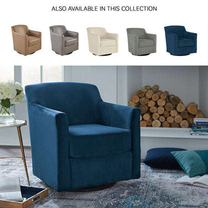 Signature Design by Ashley Bradney Swivel Chair with Blue Velvet Upholstery, Contemporary Shelter‑Arm Seating with Reversible Cushion and Wood Base for Living Room or Bedroom