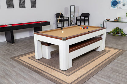 Hathaway Newport II 7 Foot Dining Pool Table Combo with Game Accessories, & 2 Benches – Multifunctional Billiards Table with Ping Pong & Dining Top – White Finish, Walnut Accents, Camel Felt