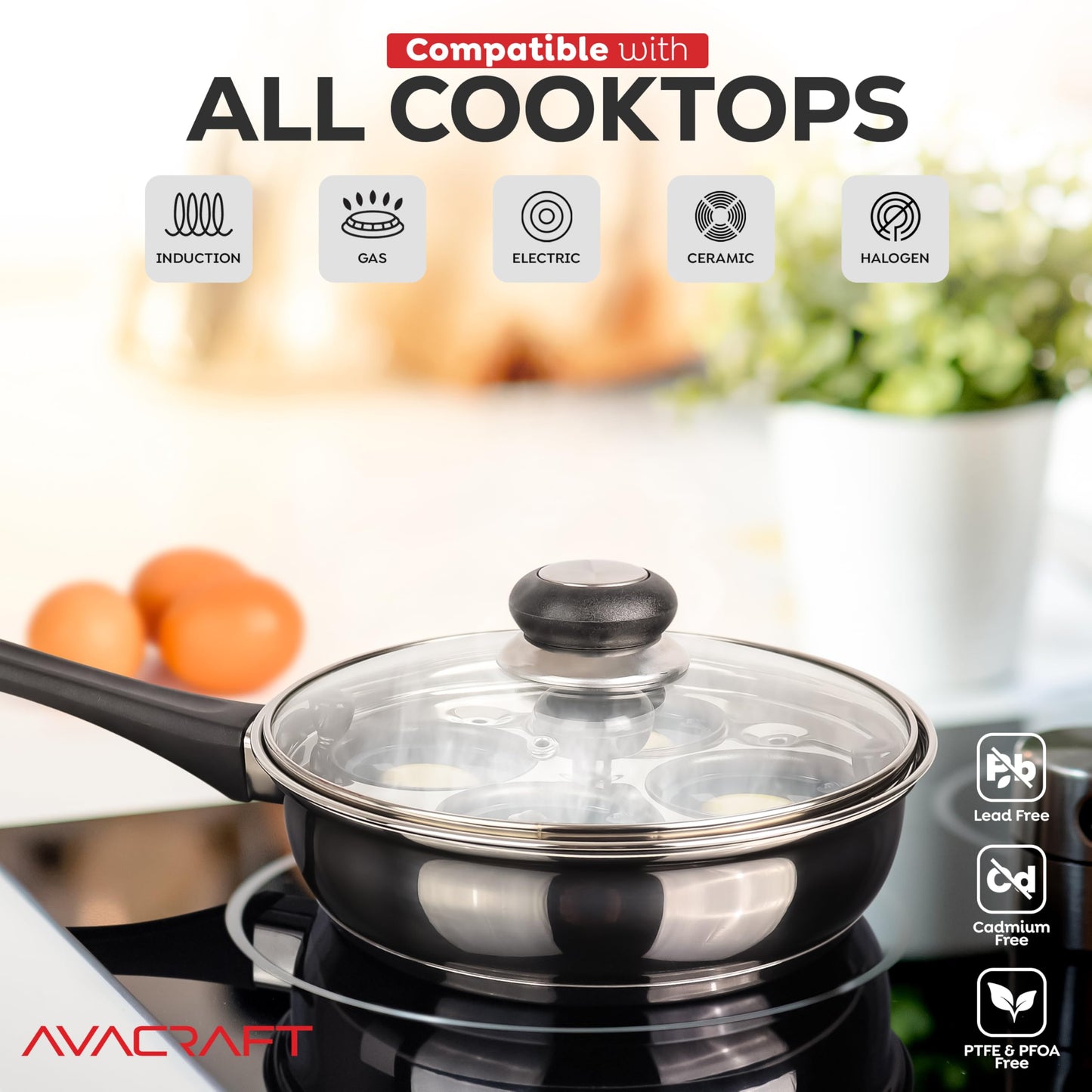 AVACRAFT Egg Poacher, Stainless Steel Egg Poaching Pan, Poached Eggs Cooker Food Grade PFOA free