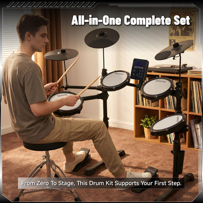 Electric Drum Set - Silent Electronic Drum Set Adult, Drum Kit for Beginners with 4 Mesh Drum Pads, 150 Sounds, 30 Songs, 15 Kits, USB MIDI, Headphones, Throne, Sticks, Pedals, MT20C, Black