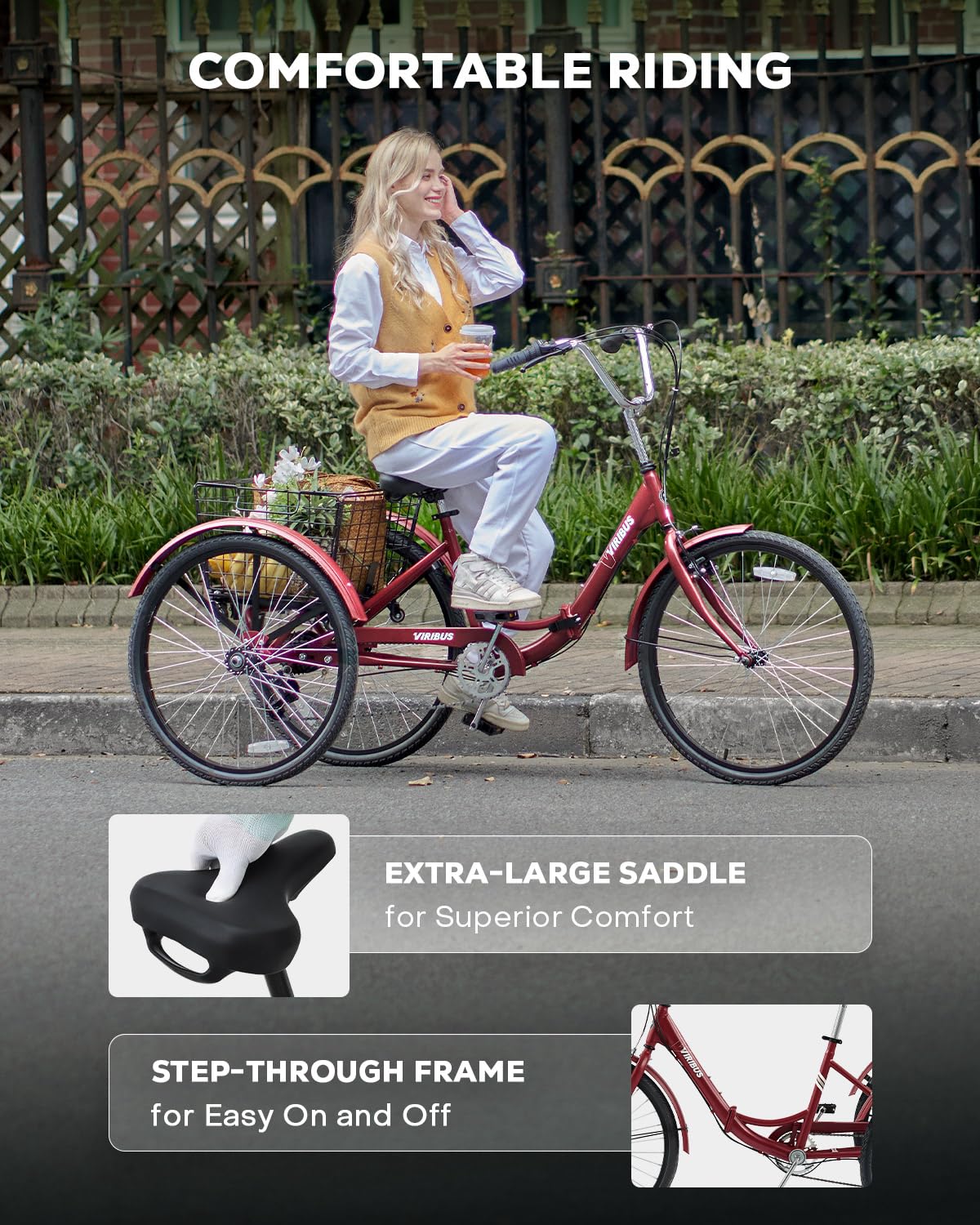 VIRIBUS Folding Tricycle for Adults, 7 Speed Foldable Adult Tricycle with Removable Wheeled Basket, Folding 3 Wheel Bikes for Adults Men Male Seniors 24 inch, Collapsible Trike 330 LB. Red