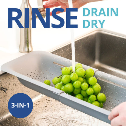 BLUE GINKGO Over the Sink Colander Strainer Basket - Wash Vegetables and Fruits, Drain Cooked Pasta and Dry Dishes - Extendable - New Home Kitchen Essentials (Grey, 1 Pack)