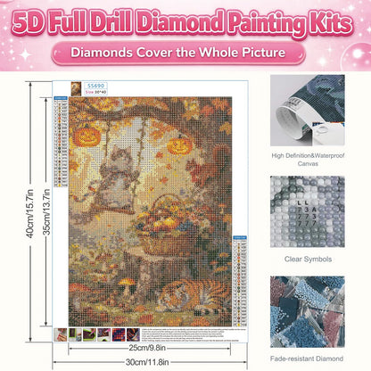 IOHEFY Autumn Cat Pumpkin Diamond Painting 12 x 16 Inch Full Drill Acrylic Diamond Art DIY Crystal Rhinestone Fall Animal Fantasy Artwork Nano Pearlescent Canvas Wall Decor Gift