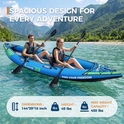 GarveeLife Inflatable Kayak,2-Person Kayak for Adults 12.5FT/450 LBS Weight Capacity,Portable Touring Kayak Canoe with Paddle, Kayak Seat, Pedal, Hand Pump and Bag