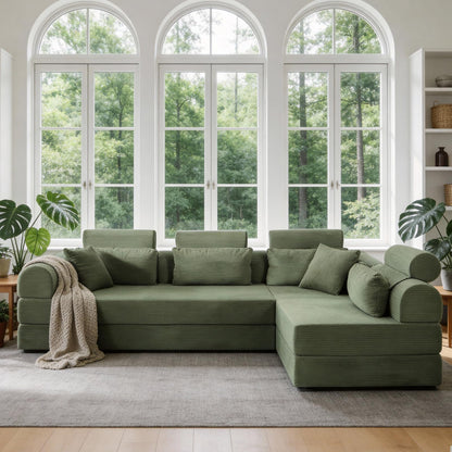 KEIKI 6-in-1 Folding Convertible High Back Sofa Sleeper, 106" Oversized Modular Sectional Corduroy Upholstered L Shape Couches for Living Room, Deep Cushion for Open Concept Living, Grayish Green