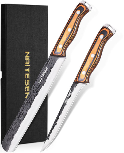 Naitesen Professional Brisket Carving Knife Set for Men, Grilling Knives, Hand Forged Super Sharp Butcher Slicing Knife Boning Knife for Meat Turkey Cutting Home Kitchen BBQ