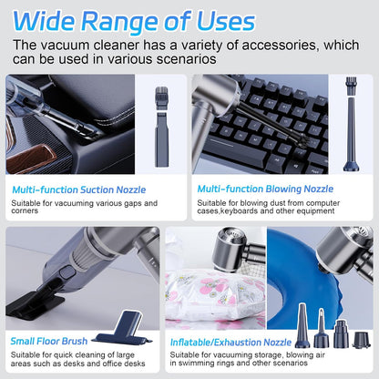 Portable Cordless Handheld Car Vacuum, 15000PA, 3 Speed Adjustable 4 in 1 with Brushless Motor and Multiple Nozzles