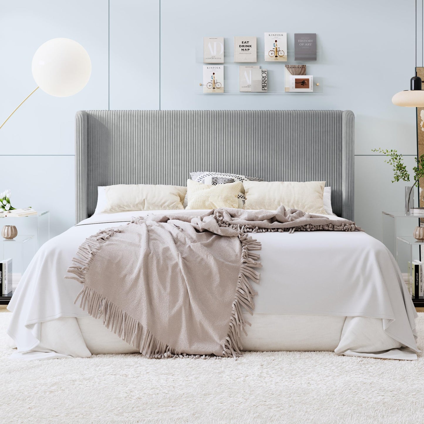 SHA CERLIN King Size Corduroy Upholstered Platform Bed Frame with Vertical Channel Tufted Wingback Headboard, 8" Under Bed Storage, Wooden Slats & Metal Frame Support, Easy Assembly, Light Grey