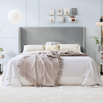 SHA CERLIN King Size Corduroy Upholstered Platform Bed Frame with Vertical Channel Tufted Wingback Headboard, 8" Under Bed Storage, Wooden Slats & Metal Frame Support, Easy Assembly, Light Grey