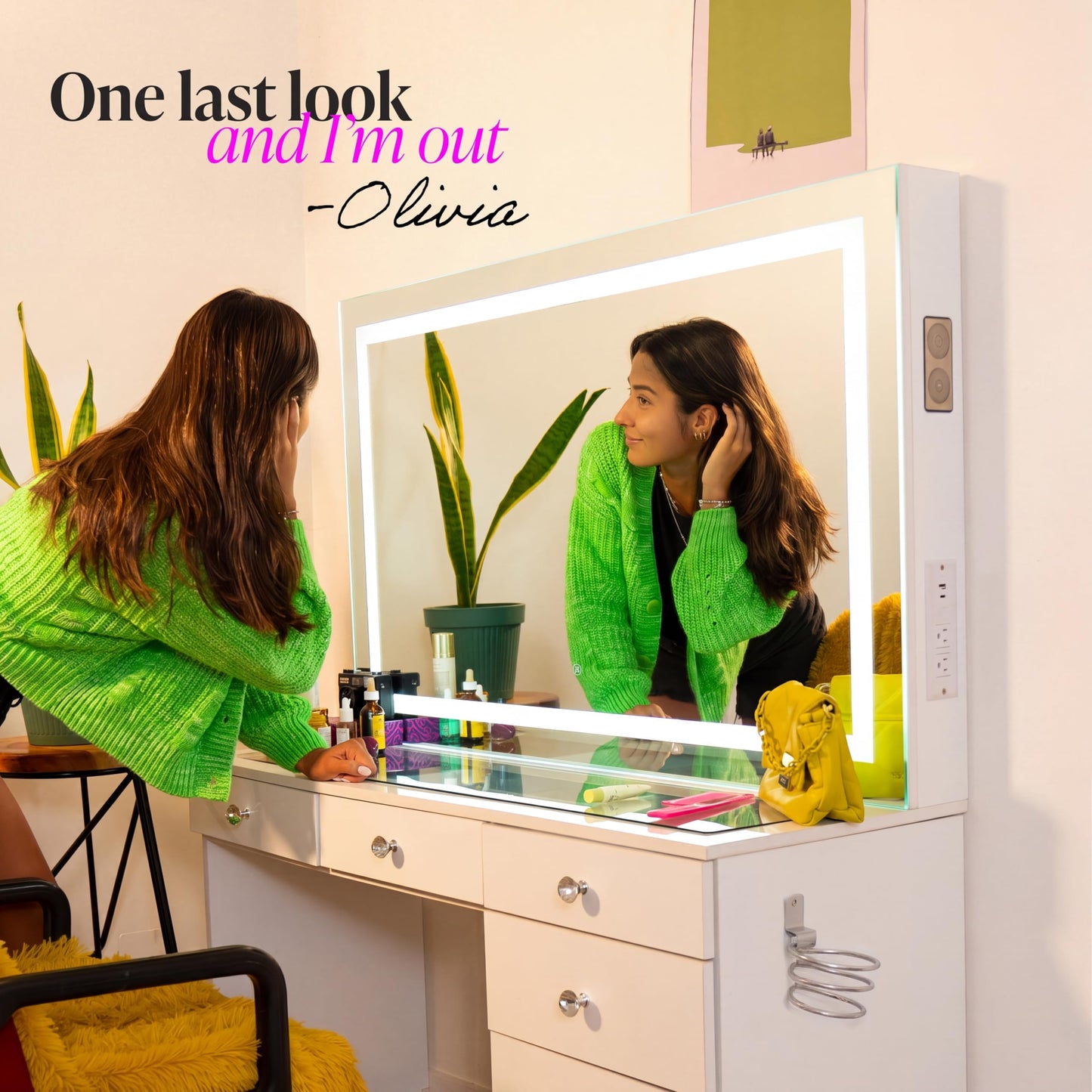 Boahaus Aria Vanity Desk with LED Mirror – 7 Drawer Makeup Station with Integrated Power & Built-in Speakers