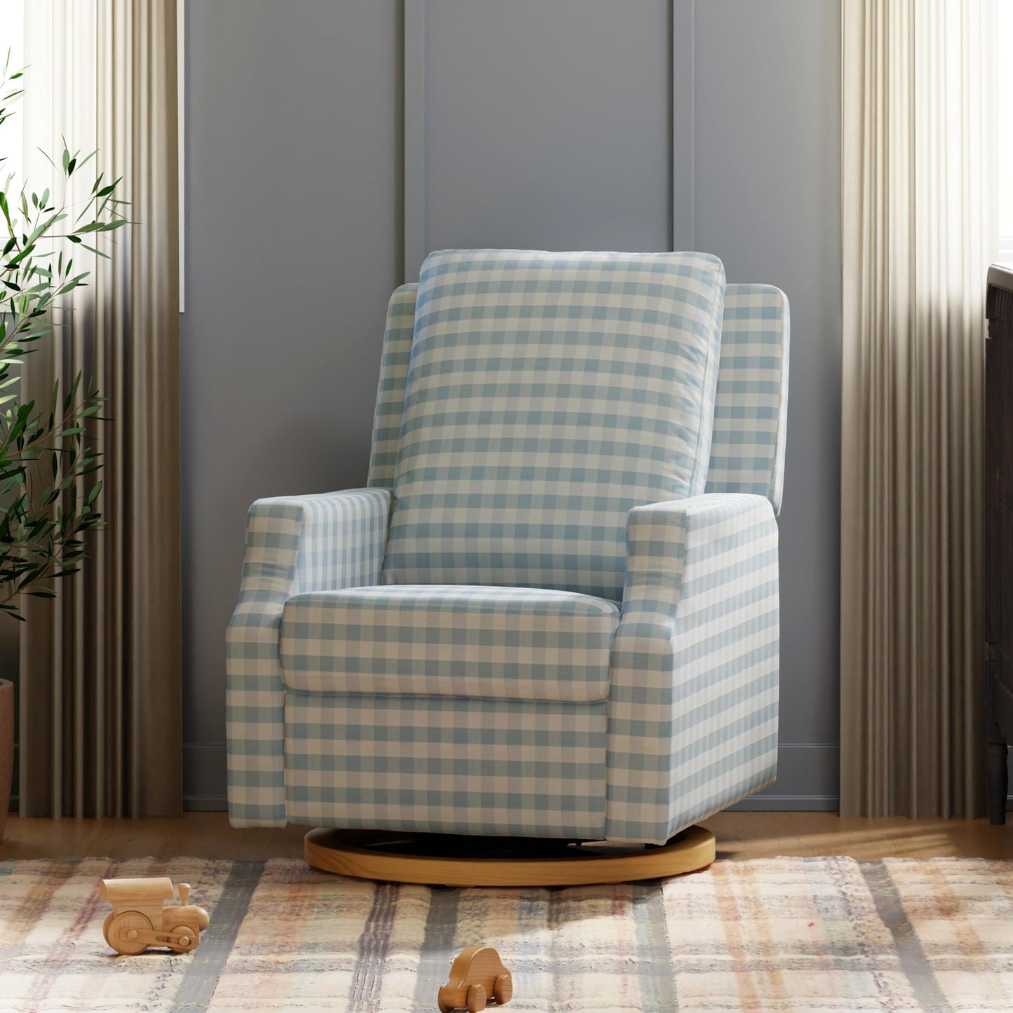 Namesake Crewe Glider Recliner Nursery Chair - GREENGUARD Gold & Certi-PUR US Certified Rocker Recliner - Glider Rocking Chair for Nursery & Living Room - Electronic, 270° Swivel, Blue Gingham