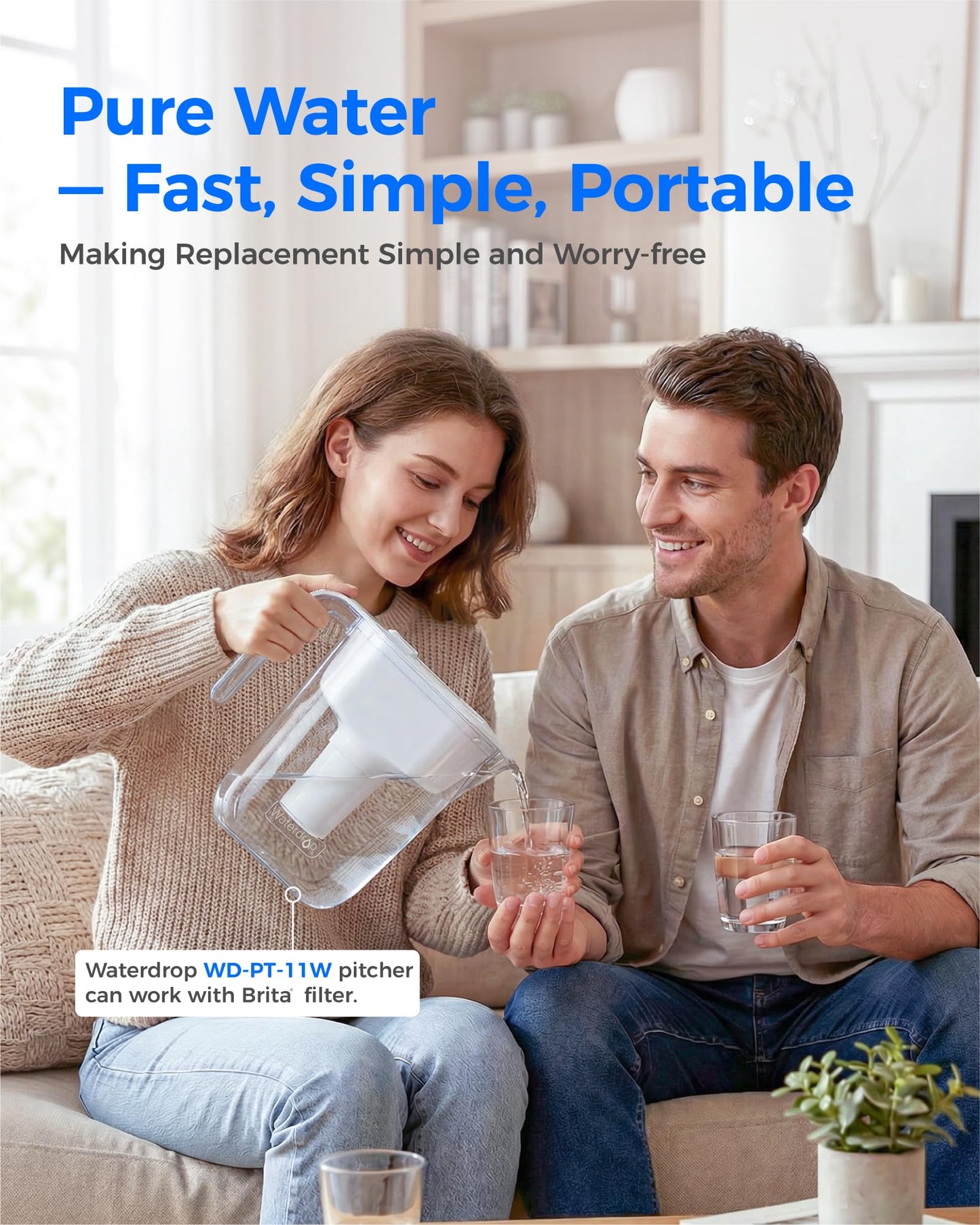 Waterdrop PT-11W 7-Cup Water Filter Pitcher with 6 Replacement Filters, Can Work with Brita® Water Pitchers & Filters, BPA-Free, Fast Flow, Reduces Chlorine and Lead, Up to 12 Months, White