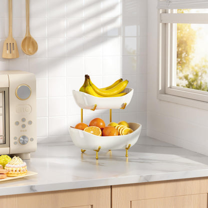 Josmimic 2 Tier Ceramic Fruit Bowl for Kitchen Counter – Fruit Basket with Gold Metal Stand, Holder for Snacks, Nuts, Cakes, Desserts, Bread, Candy Storage