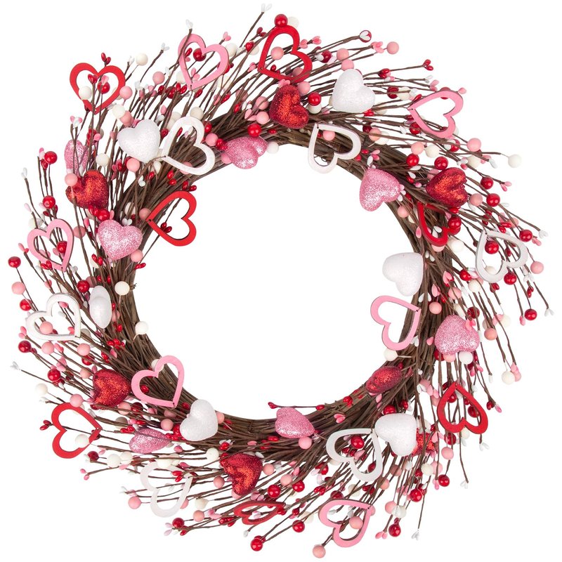 Ouddy Decor 20'' Valentine's Wreath for Front Door with Artificial Red Pink White Wooden Heart Shaped Berries for Valentines Gifts Romantic Night Event Anniversary Wedding Engagement Home Decorations
