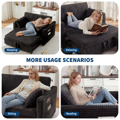 Garvee Futon Sofa Bed, 55'' Loveseat Corduroy Convertible Sleeper Sofa with Pull Out Couch and Adjustable Backrest, 2 Charging Stations, Side Pockets for Living Room, Apartment, Office, Dark Grey