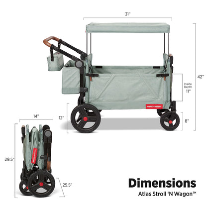 Radio Flyer Atlas Stroll 'N Wagon, Sage Green, for Ages 1+, 3-in-1 Push or Pull Versatility, One-Hand Fold, UV Canopy, 5-Point Harnesses, Storage Capabilities, Rubber Wheels, Stroller Wagon for Kids
