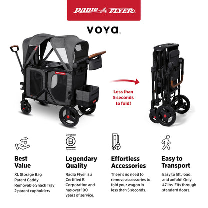 Radio Flyer Voya Stroller Wagon, for Ages 6+ Months, Extra Tall Sides, Push or Pull, 2 Seats, Dual Sun Canopies, Compact Fold, Lightweight, Storage Space, 5-Point Harnesses, Stroller Wagon for Kids