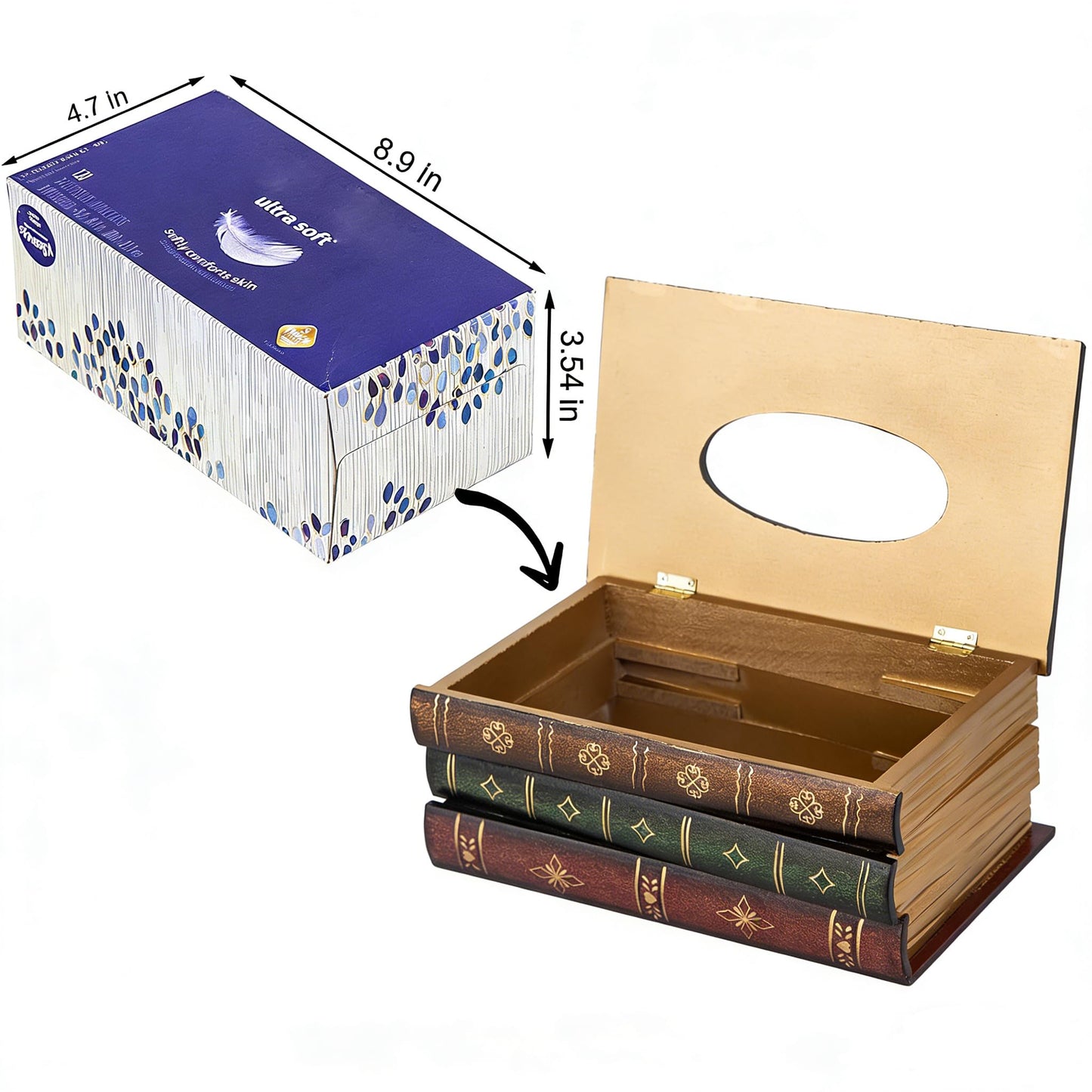 Crafted Classical Retro Wooden Antique Book Tissue Box Cover Rectangular Tissue Holder Dispenser Paper Cover Case Napkin Holder Home Decor for Bathroom Living Room Office car Kitchen