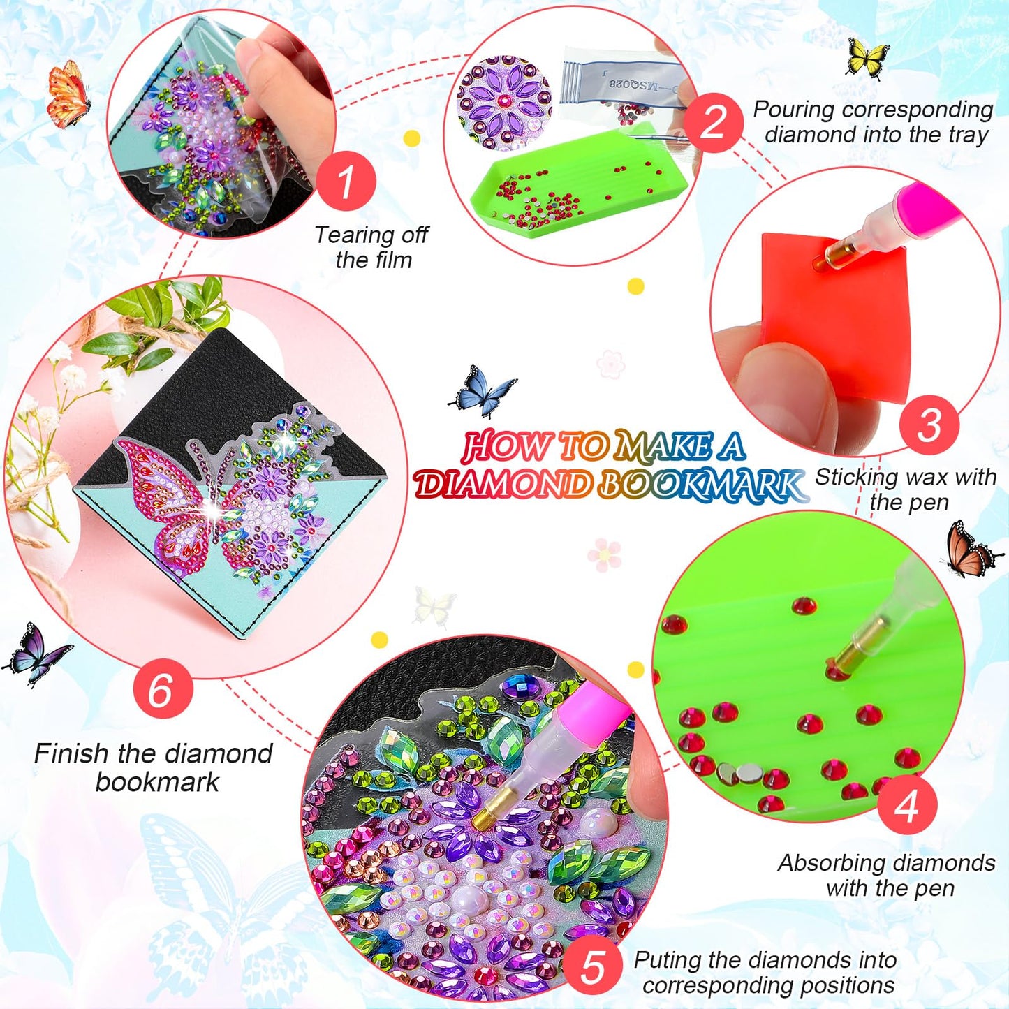 Ireer 8 Pcs Diamond Art Bookmark Kit Butterfly Diamond Painting Bookmark DIY Corner Book Marks for Kid Adult Book Lover Graduation Birthday Wedding Crafts Supplies, 8 Styles