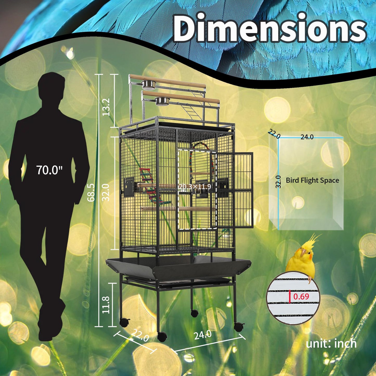 Sinopet 68.5" Extra Large Bird Cages for Parrots,Large Parrot Cages for Large Birds with playtop,Flight Bird Cages for Parakeets with Wheels,Metal cage for Birds,African Grey,Lovebird,Cockatoo,Conure