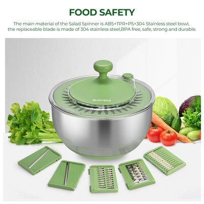 SUSTEAS Stainless Steel Salad Spinner Large, Vegetables Wash Bowl, Fruits & Herb Lettuce Dryer with 5 Blade Slicer Egg Yolk Strainer Shredder for Efficient Salad Preparation and Food Washing, 4.25Qt
