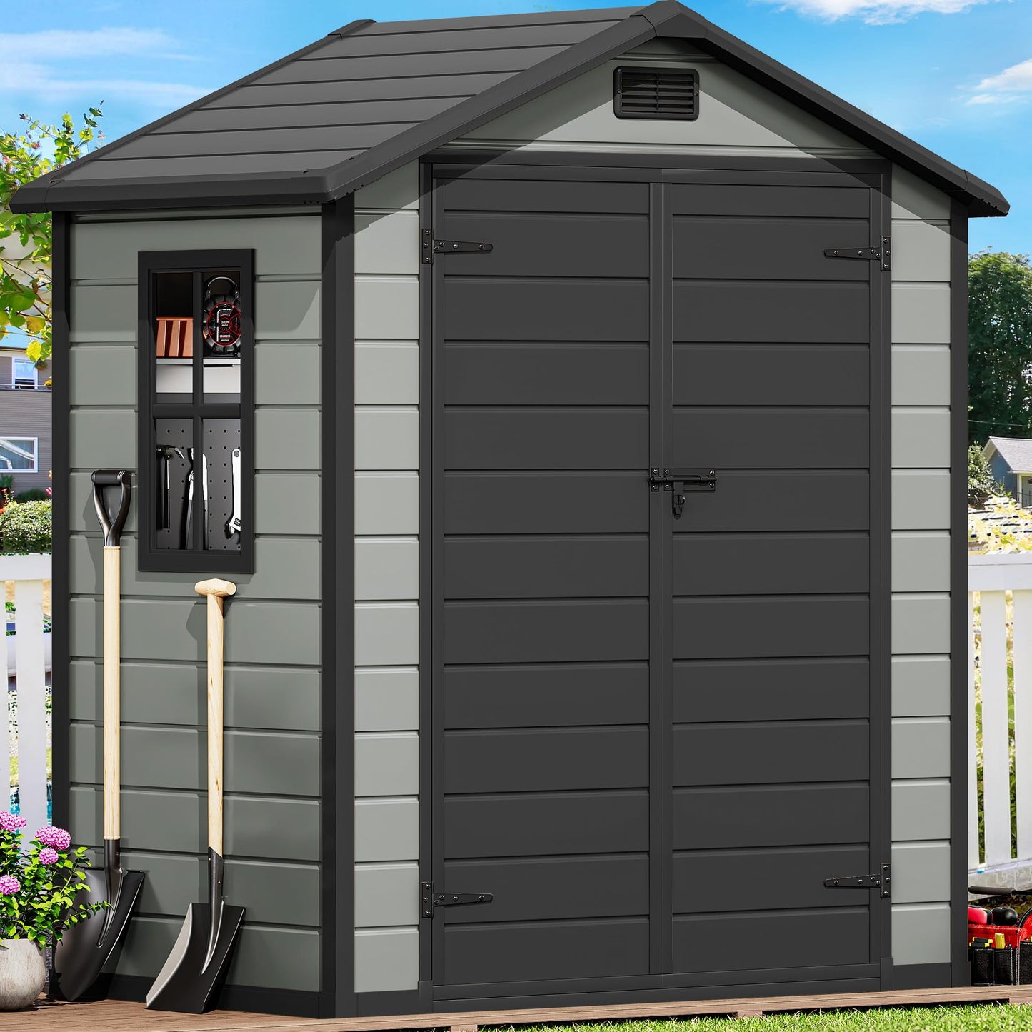 DWVO 6x4 FT Outdoor Storage Shed with Reinforced Floor, Resin Storage Shed with Lockable Door, Window and Vents, Waterproof Plastic Tool Shed for Garden Patio Backyard