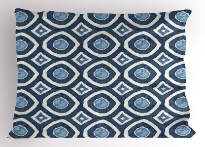 Ambesonne Asian Pillow Sham, Shibori Dyeing Style Ikat with Eastern Design Circles Diamond Shapes, Decorative Standard Queen Size Printed Pillowcase, 30" X 20", Night Blue