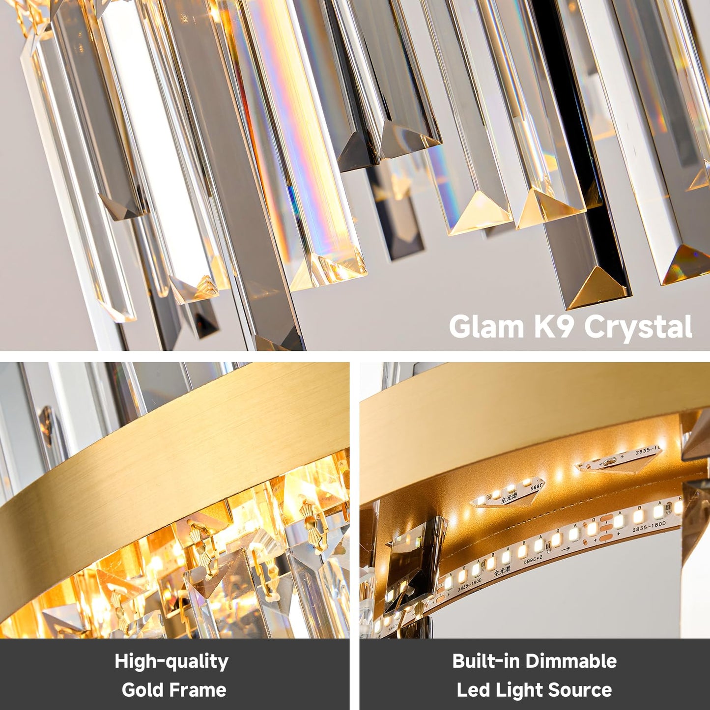 Gold Led Modern Crystal Chandelier: 19.7" Round Contemporary 3 Color Dimmable Dining Room Light Fixture over Table - Smoke Grey & Clear Crystals Chandeliers for Bedroom Living Kitchen Entryway Foyer