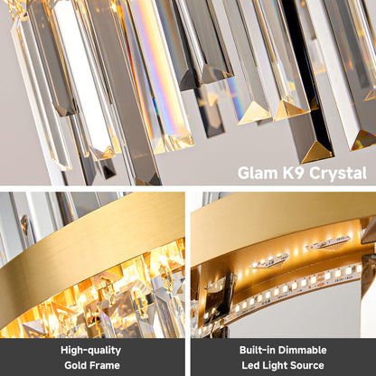 Gold Led Modern Crystal Chandelier: 19.7" Round Contemporary 3 Color Dimmable Dining Room Light Fixture over Table - Smoke Grey & Clear Crystals Chandeliers for Bedroom Living Kitchen Entryway Foyer
