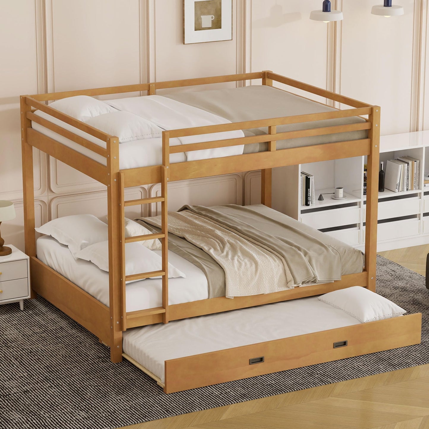 Bellemave Queen Over Queen Size Bunk Bed with Trundle for Kids/Adults,Solid Wood Bunk Bed Frame Queen Size with Ladder & Safety Guardrails,Wood Color