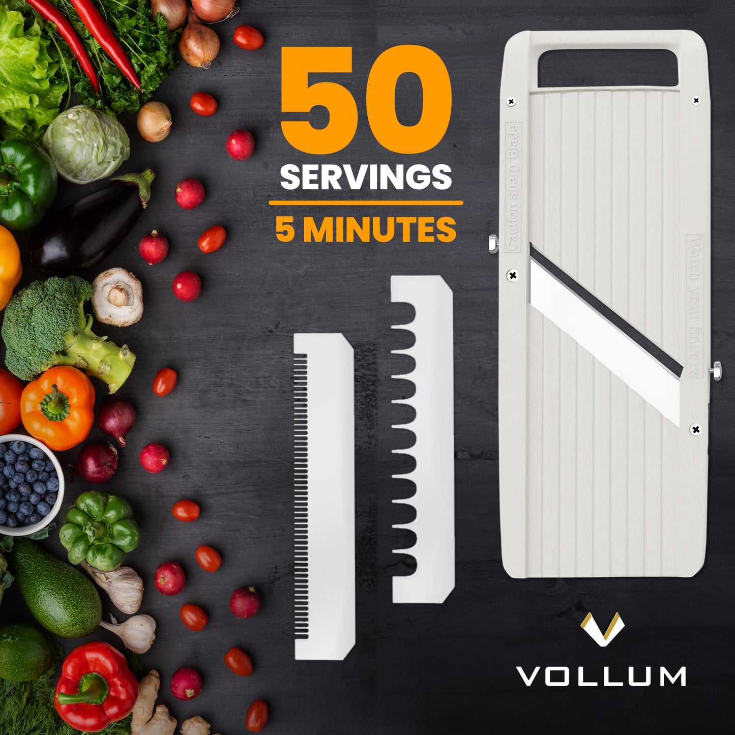 Vollum Wide Japanese Mandoline Slicer for Kitchen – Professional Slicer Vegetable Cutter with Interchangeable Stainless Steel Blades – Food Manual Slicer Handheld Mandoline Slicer