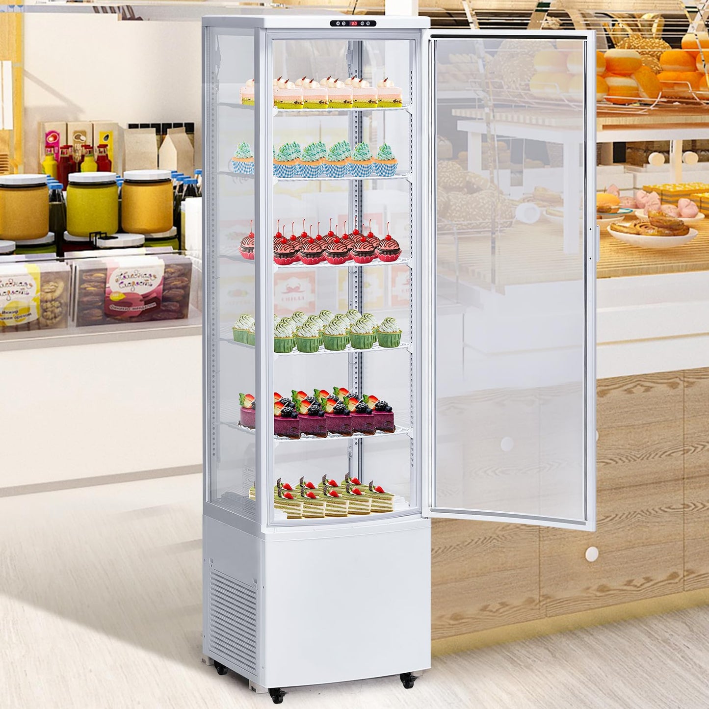 Takywep Commercial Display Refrigerator Case 10.9 Cu.ft, Floor-Standing Display Refrigerator with LED Light & Adjustable Shelves, Fridge Display Cabinet with Casters for Cakes, Coffee, Bakery, Store