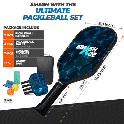 USAPA Approved SmashAce Pickleball Paddles Set Fiberglass Pickle Ball Set Includs Paddles, Balls, Cooling Towels & Portable Carry Bag Perfect Pickleball for Men & Women (Pack of 4 Blue)