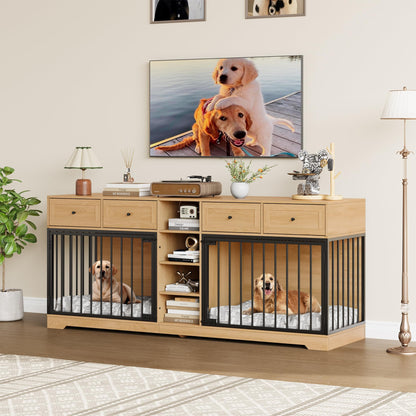 Garvee Double Dog Crate Furniture, 82'' Large Dog Kennel Indoor with 4 Drawers and Shelves, Heavy Duty Wooden Dog Crate TV Stand for 2 Large Medium Dogs, Natural