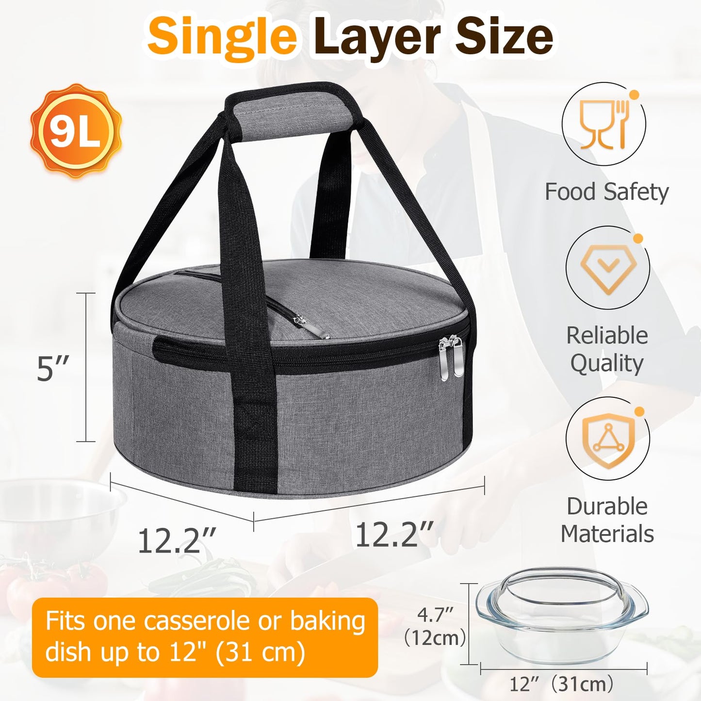 MIAOJIE Round Insulated Casserole Carrier, Pie Carrier Bag, Portable Casserole Carrier for Hot or Cold Food Lunch Tote, Lunch Bag for Parties Picnic, Fits 12.5" Baking Dish, Grey