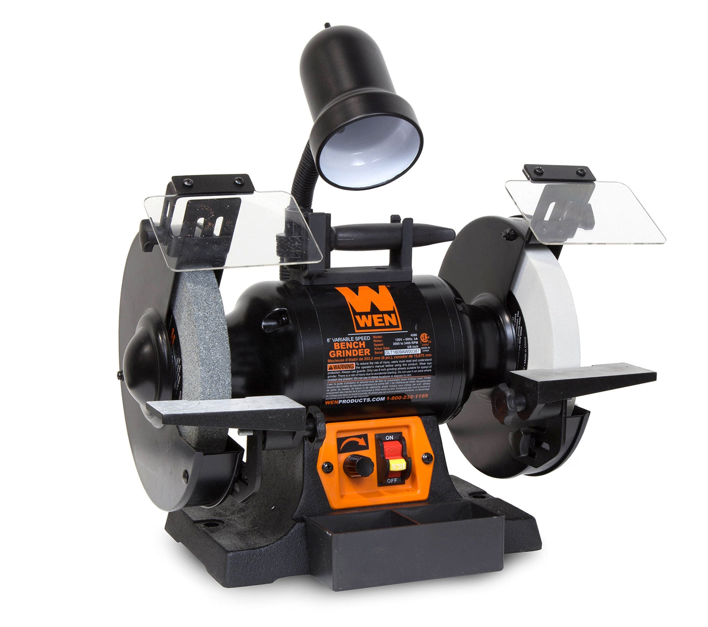 WEN BG4280 5-Amp 8-Inch Variable Speed Bench Grinder with Flexible Work Light, Black,orange and WEN Bench Grinder Stand, 32-Inch with Water Pot (4288T), Black