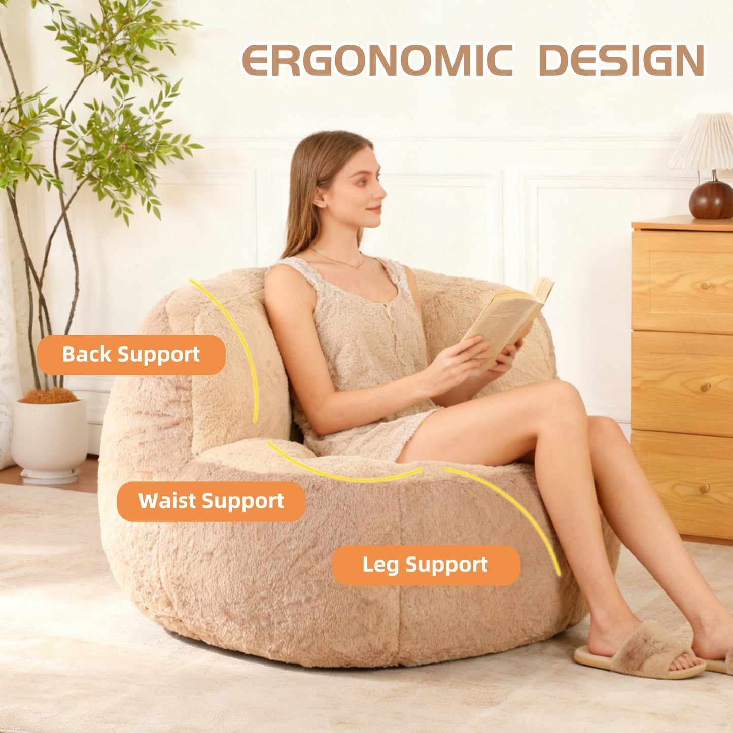 Oversized Bean Bag Chairs,Multicolor Faux Fur Couch Filled with Shredded Sponge,Large Lounger Sofa for Living Room,No Assembly Required,Brown+Camel