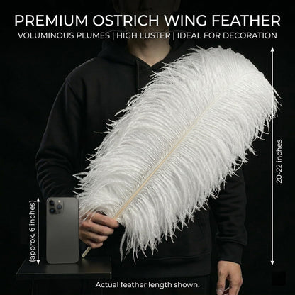 Lamar 10 Pcs XXL White Ostrich Feathers 20-22 Inch Large Ostrich Feathers with Thick Pole, Voluminous, High-Luster Perfect for Weddings, Centerpieces, DIY Decor, Photography