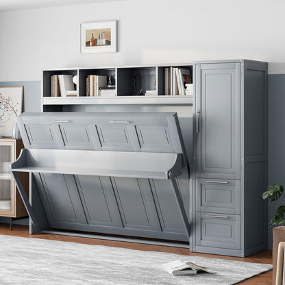 Merax Queen Size Murphy Bed, Wall with Closet and Drawers, Storage Space Saving Muti-Functional Beds Frame for Home Office Guest Room, Gray