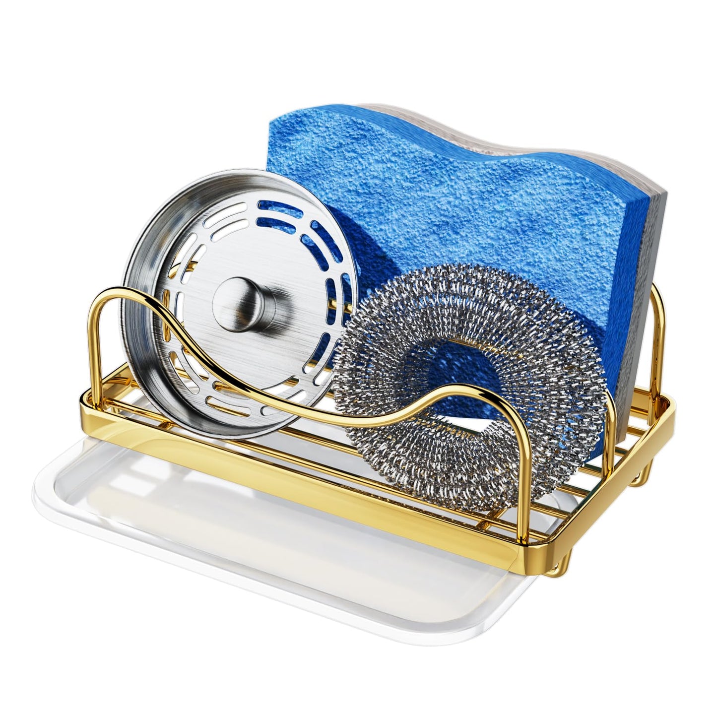 Consumest Sponge Holder for Kitchen Sink - Movable Sink Caddy for Countertop Organizer, 304 Stainless Steel Sponge Holder with Detachable Drip Tray for Kitchen Accessories, Gold