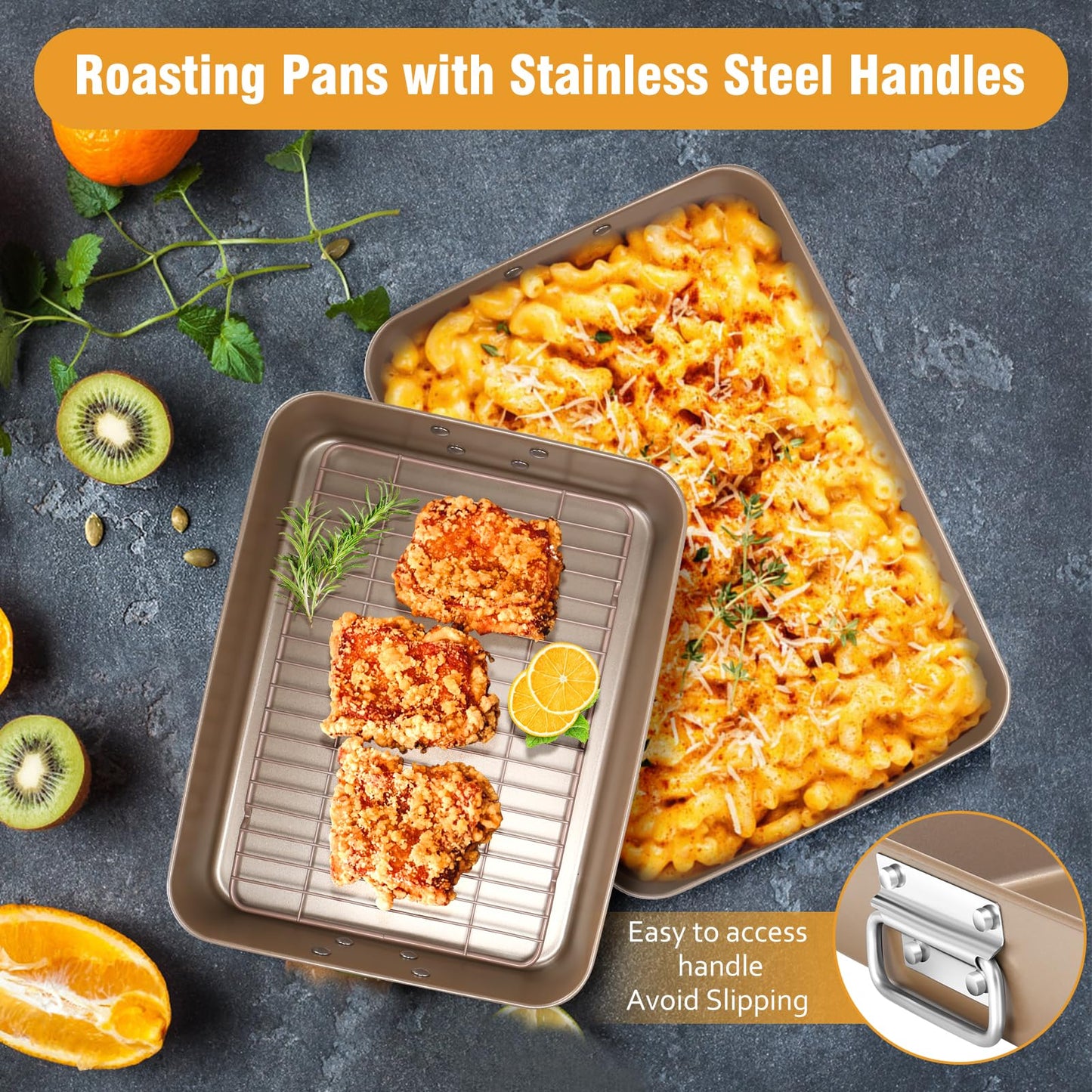 Roasting Pans with Handles, Bakeware Nonstick Steel Roaster with Flat Rack, Lasagna Pan 3 Inch Deep Baking Pan for Oven, Rectangle Cake Pans, Heavy Duty, Dishwasher Safe, 2 Pcs 13.7"16", Gold