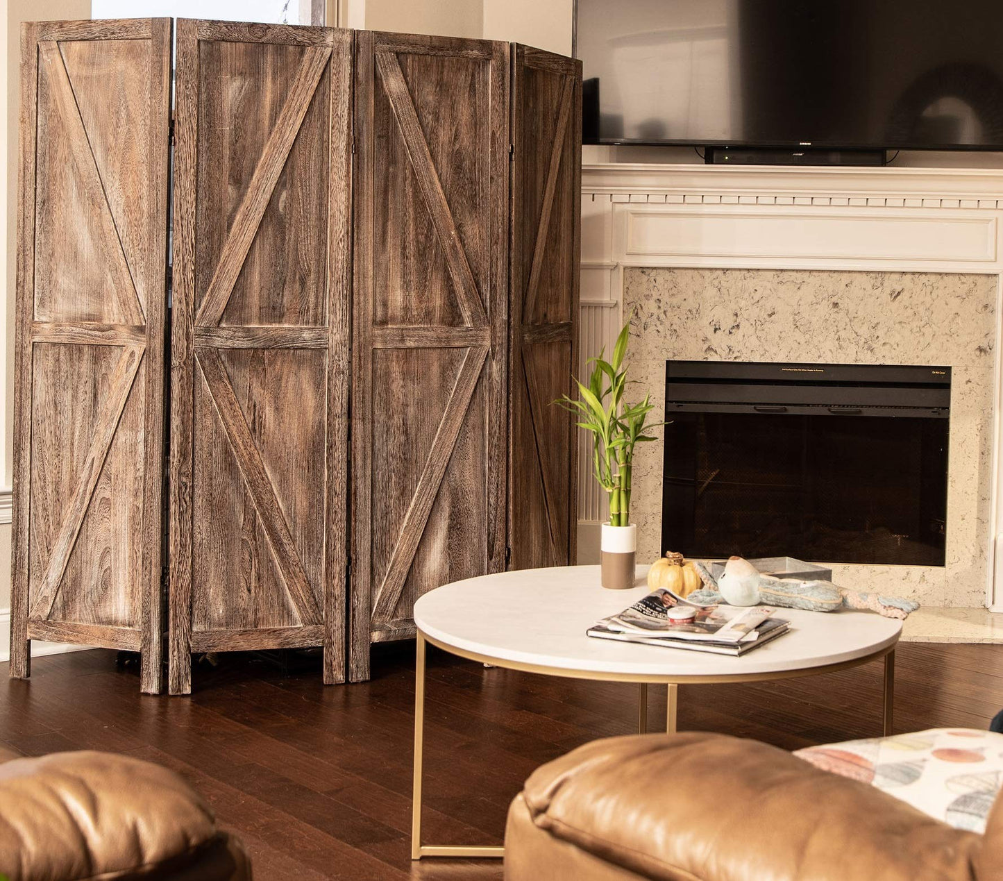 Premium Home 6-Panel Room Divider – Rustic Brown Barn Door, K Pattern Folding Privacy Screen, Partition Wall