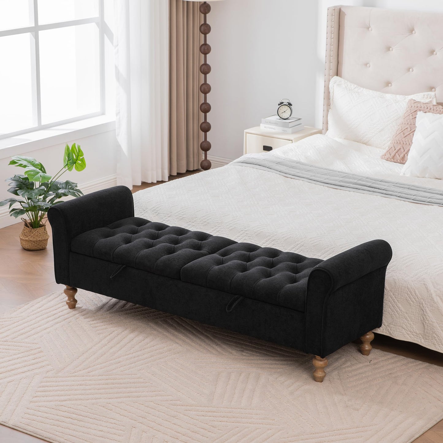 KEIKI 65.7" Modern Upholstered Storage Bench with Double Lids, Ottoman with Storage, Ottoman Bench with Rolled Armrest, Rubberwood Legs, for Bedroom, Living Room, Entryway & Window, Black