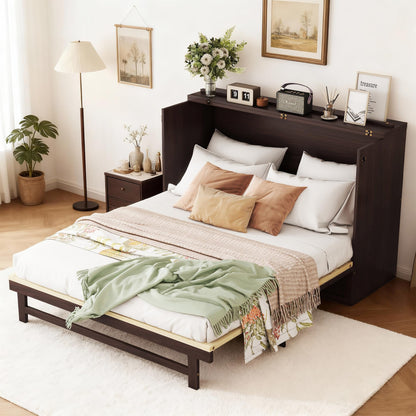 DNYN Queen Size Murphy Bed Frame with Storage Drawer for Bedroom/Guest/Study Room, Space-Saving Foldable Bed with Rattan Decoration, No Box Spring Needed & Easy Assemble