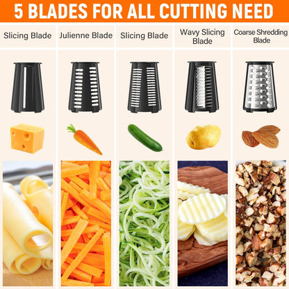 SpaceHacks Rotary Cheese Grater Hand Crank, with 5 Blades for Chopper Shredder Spiralizer Slicer for Vegetable Cheese Fruit, Food Chopper for Kitchen with Blades Storage Box & Suction Base (Black)